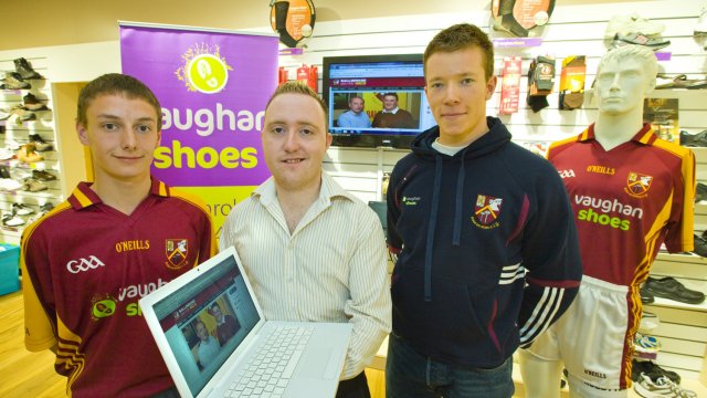 2011 Off the Pitch James Quinn (Ballinrobe minor), Kevin Loftus (website designer and CEO, easysale.ie) and Donal Vaughan (Ballinrobe senior captain) are pictured at the launch of the new Ballinrobe GAA club website at Vaughan's Shoes, club sponsors, last week. The website can be accessed at www.ballinrobegaaclub.com
Pic: Michael Donnelly